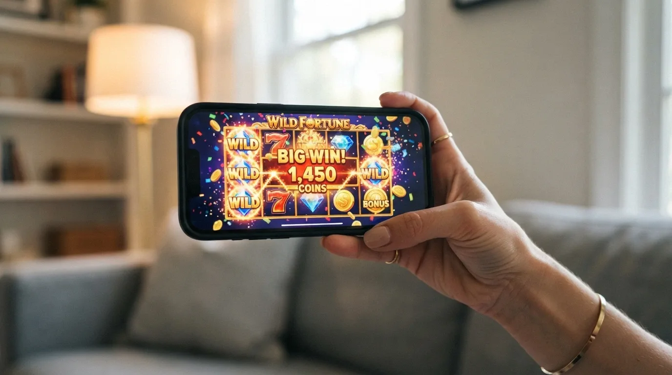 A hand holding a smartphone in landscape orientation displaying a Betsoft slot spinning in a mobile browser
