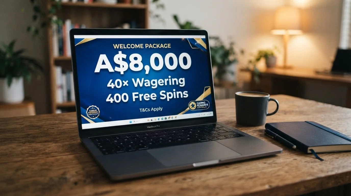 A welcome-bonus promotional banner showing a four-figure deposit-match offer with the wagering terms printed in smaller text below