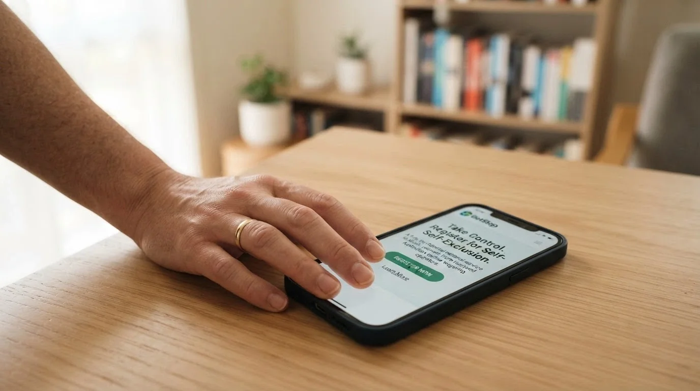A person's hand resting on a smartphone displaying the BetStop National Self-Exclusion Register homepage