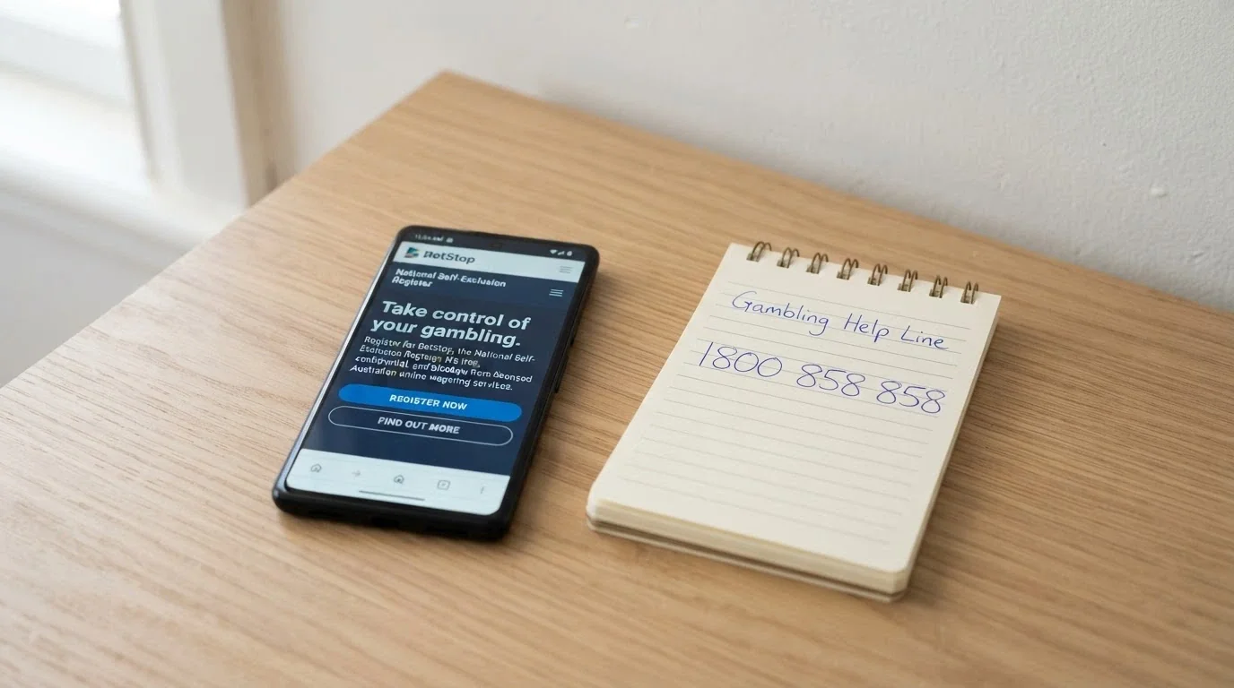 A simple composition of a smartphone displaying the BetStop.gov.au homepage beside a notepad with the National Gambling Helpline number (1800 858 858) handwritten on it, on a clean desk surface.