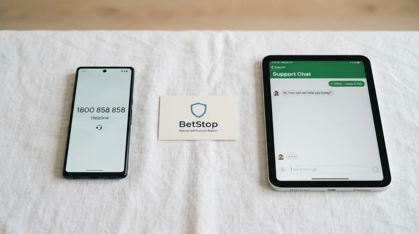A clean composition showing the three pillars of Australian gambling help: a phone displaying the 1800 858 858 helpline, the BetStop register logo, and the Gambling Help Online chat interface