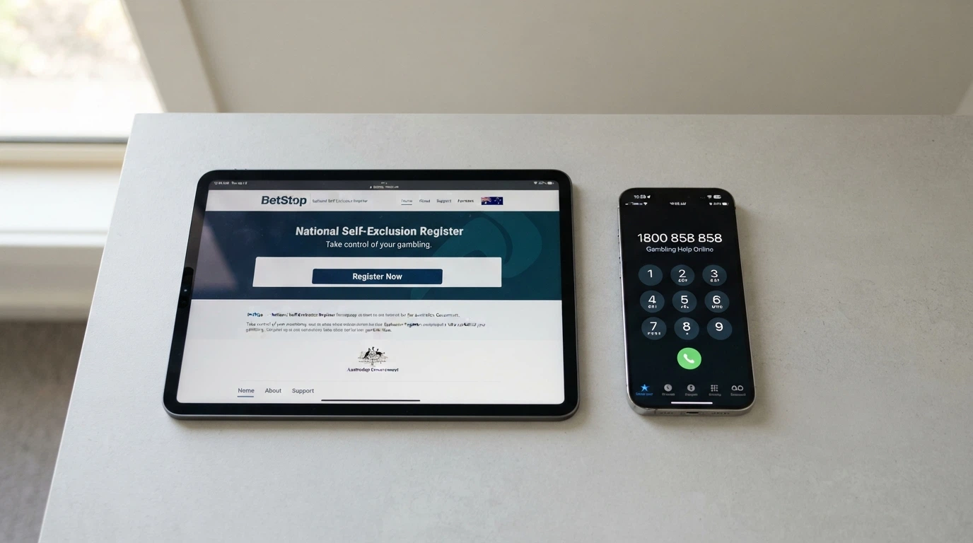 A split composition showing the BetStop.gov.au homepage on one side and a phone displaying “1800 858 858 — Gambling Help Online” on the other
