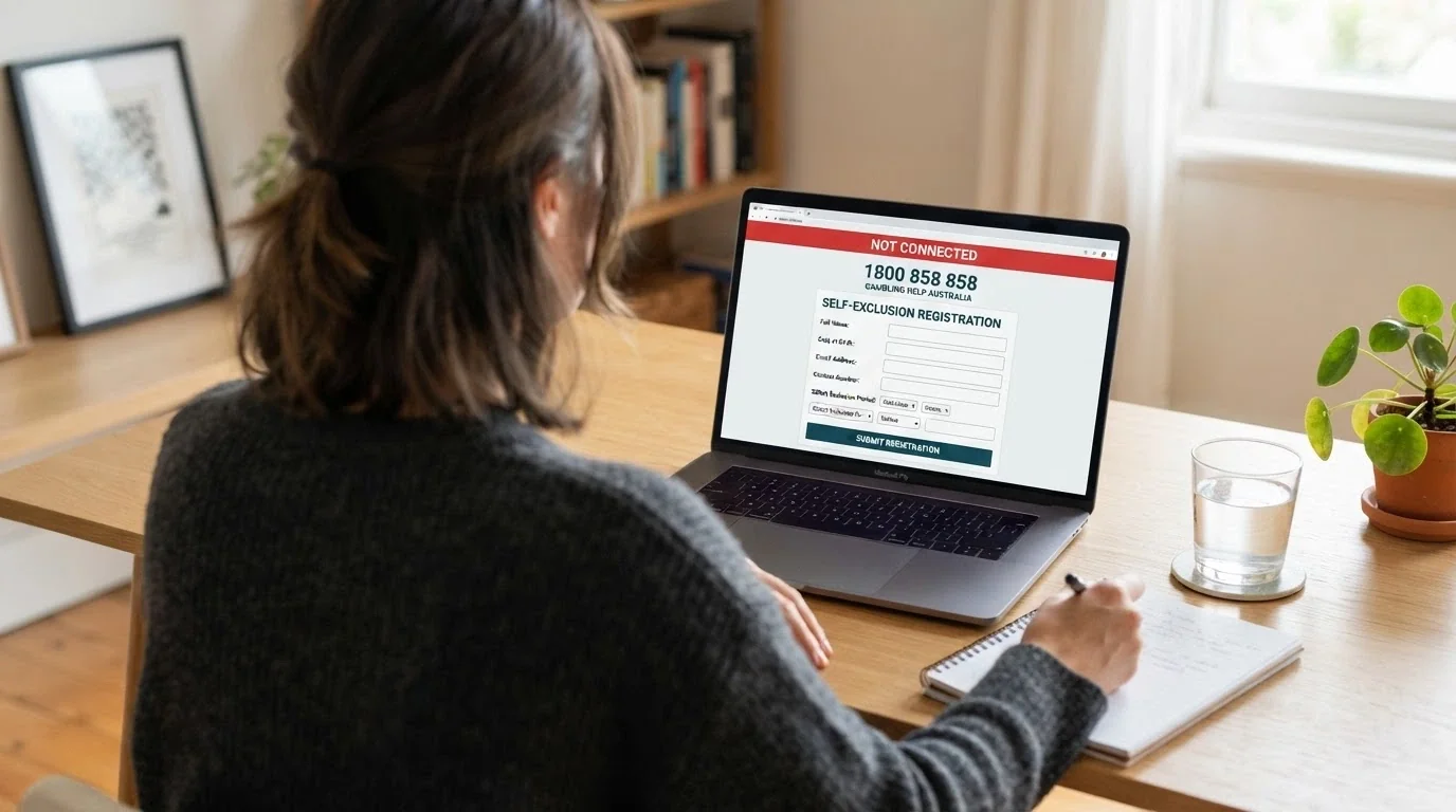 A BetStop registration screen with a red “not connected” label over an offshore casino logo, and the 1800 858 858 helpline number prominently displayed below