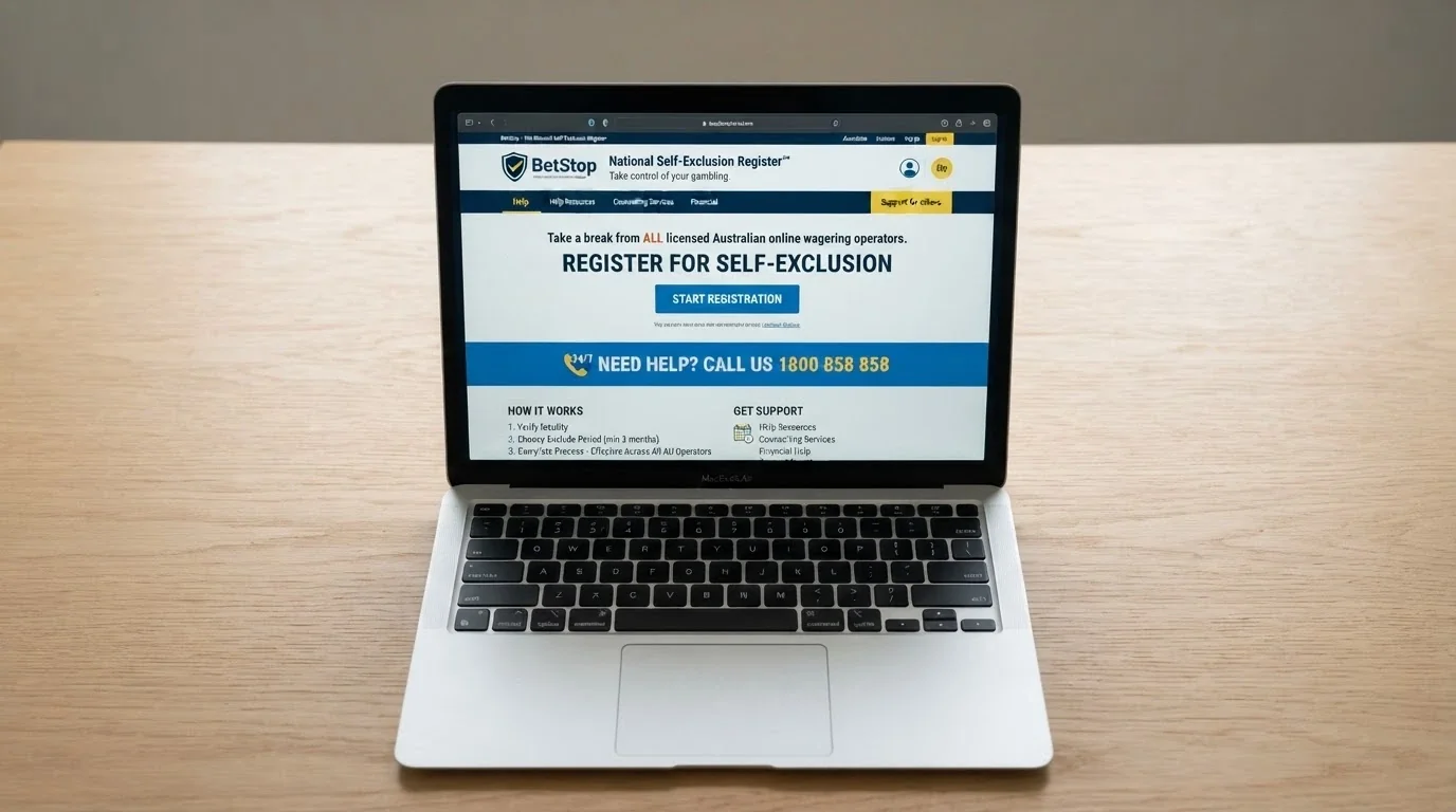 The BetStop National Self-Exclusion Register website homepage on a laptop screen with gambling help service information visible
