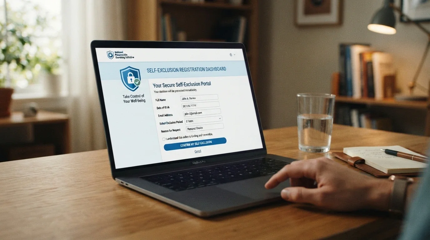A National Self-Exclusion Register information screen with the BetStop logo, registration fields visible but not filled
