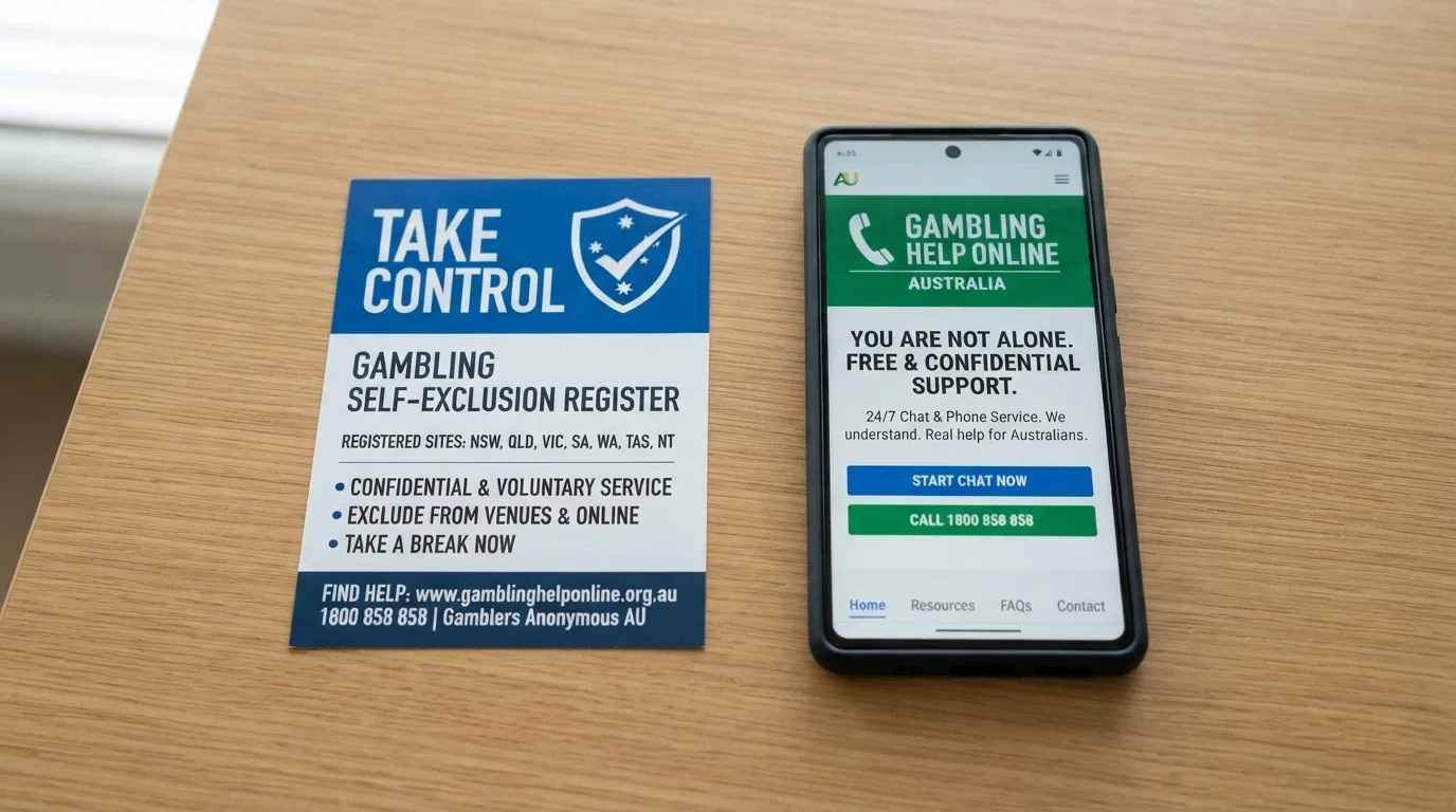 A split composition showing the BetStop National Self-Exclusion Register logo alongside a smartphone displaying the Gambling Help Online homepage