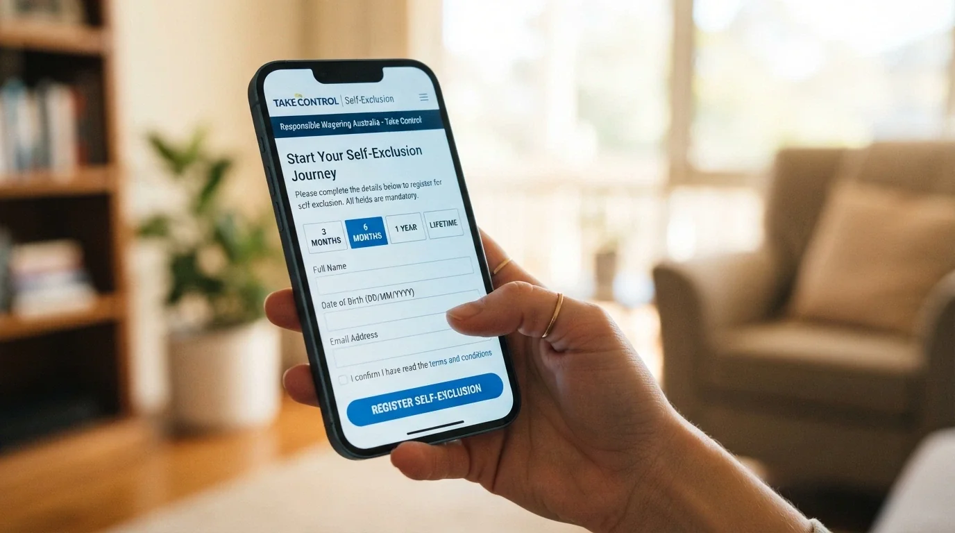 The BetStop National Self-Exclusion Register homepage on a smartphone screen, with the registration button and “3 months to lifetime” duration options visible