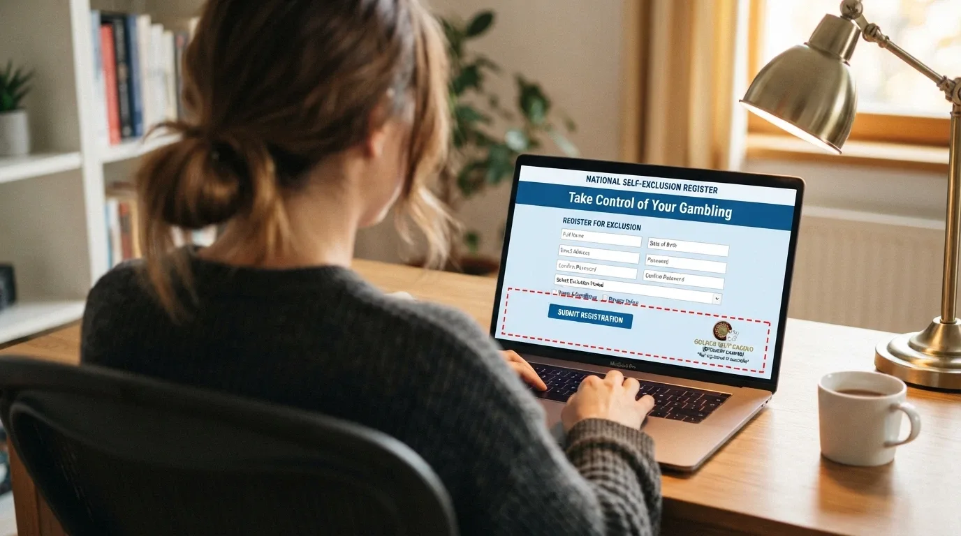 A computer screen showing the BetStop National Self-Exclusion Register homepage with a red cross or dashed boundary line graphic indicating the offshore sites it does not reach