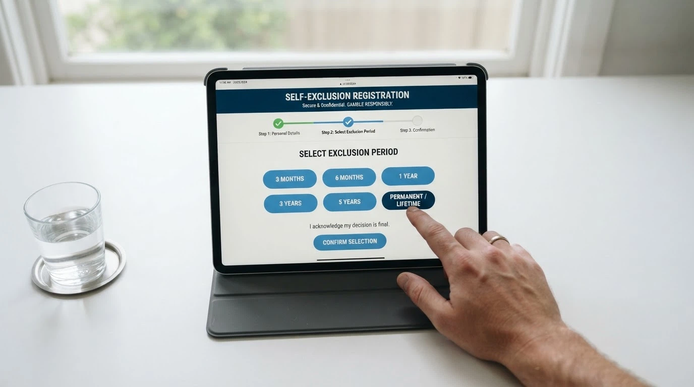 The BetStop registration interface with a progress indicator and the 3-month-to-lifetime exclusion options visible