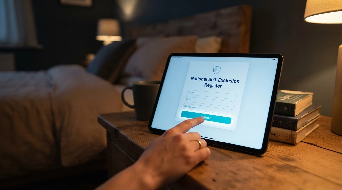 A hand hovering over a “Register” button on a screen displaying the BetStop logo and the words “National Self-Exclusion Register”
