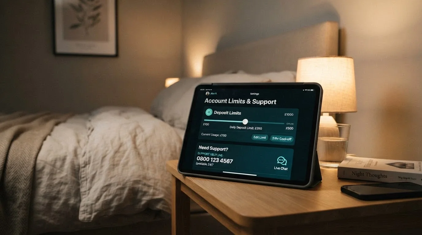 An iPad showing the BetStop.gov.au landing page with the self-exclusion registration call-to-action visible, a gambling helpline number displayed