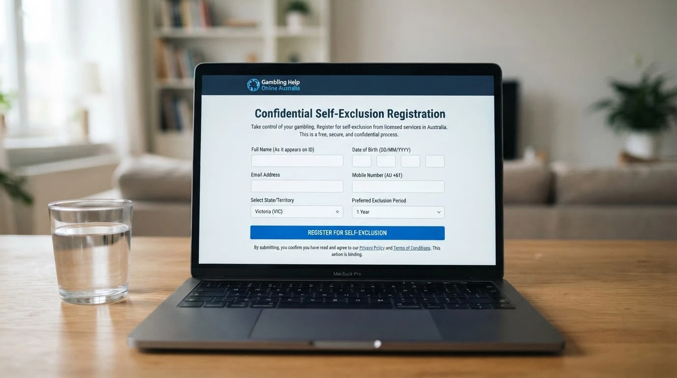 A laptop screen displaying the BetStop National Self-Exclusion Register homepage with the registration form visible