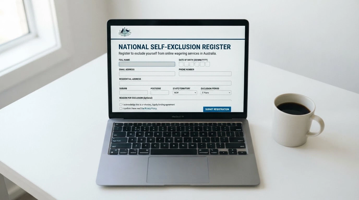 The BetStop National Self-Exclusion Register homepage on a laptop screen, with the registration form visible and an ACMA logo in the header