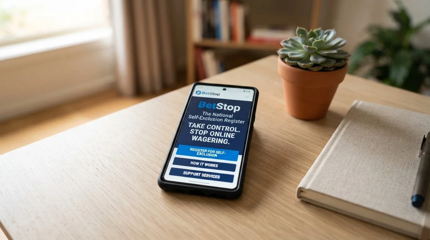 A smartphone displaying the BetStop National Self-Exclusion Register homepage with its tagline visible on screen