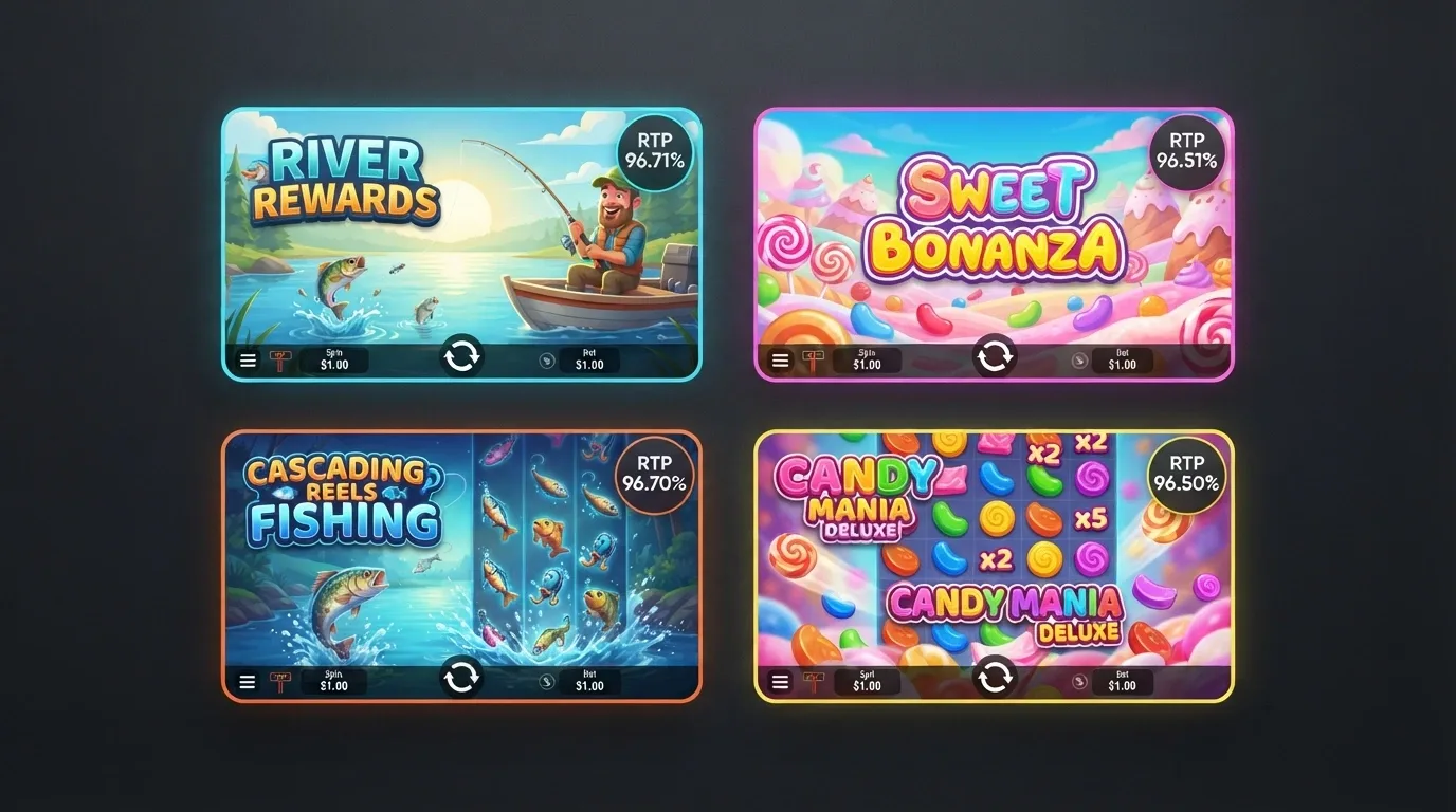A grid of four pokies title cards arranged on a dark background, showing Big Bass Bonanza, Sweet Bonanza, Big Bass Bonanza Megaways and Sweet Bonanza 1000, each with its RTP percentage displayed as a small badge.