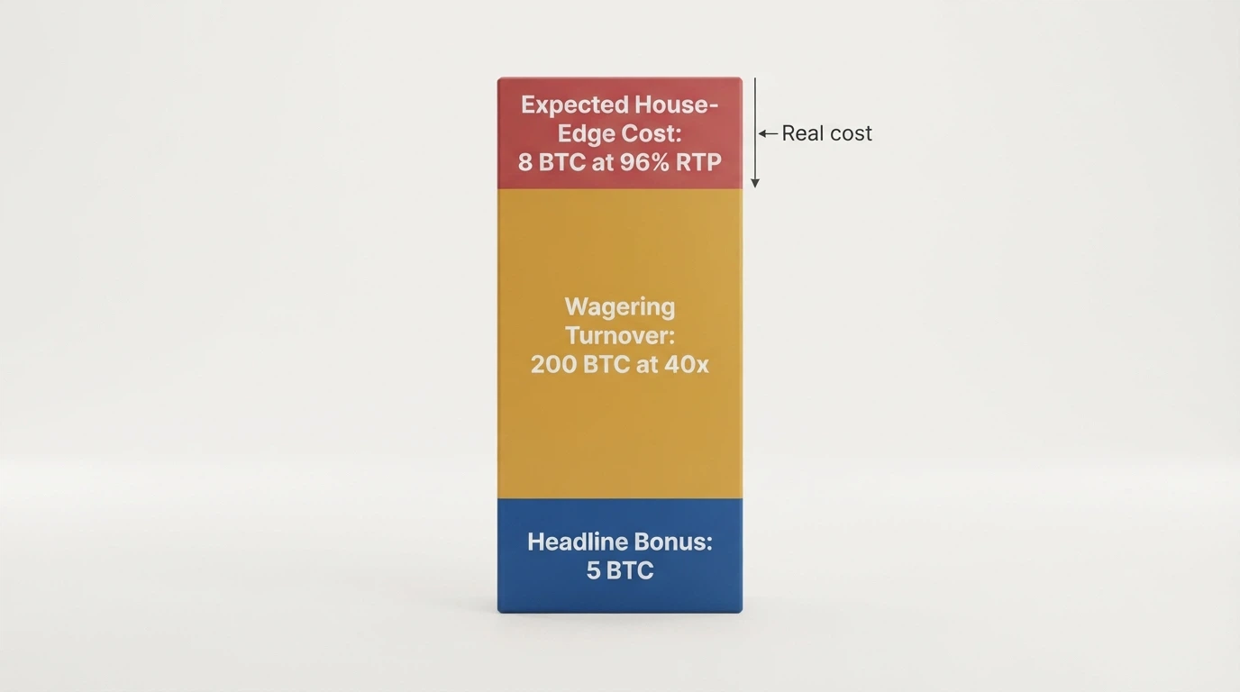 A stacked bar or layered diagram breaking a bonus into three parts: headline amount, wagering turnover required, and estimated real cost after RTP