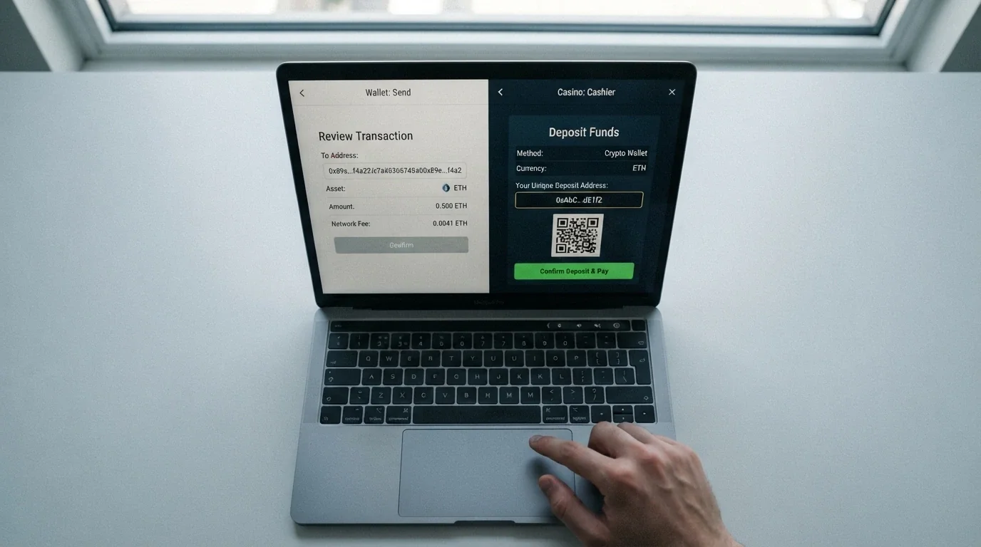 A laptop screen showing a crypto wallet send-confirmation dialogue next to a casino cashier page with a highlighted bitcoin deposit address