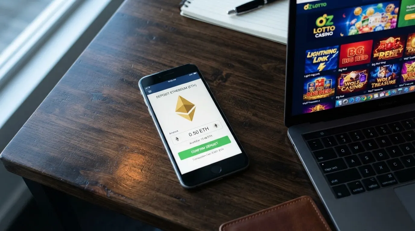 A crypto wallet interface next to a casino deposit screen showing BTC as a payment option
