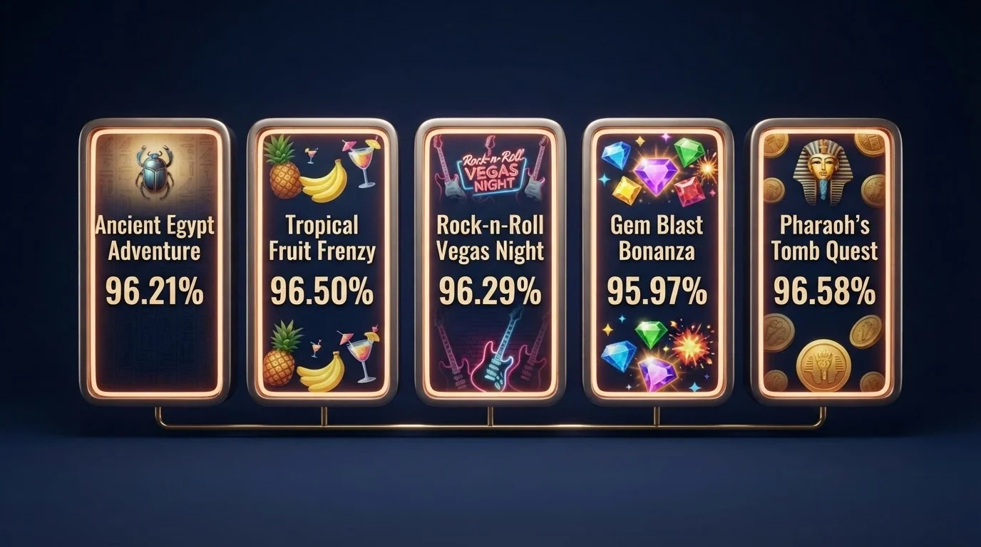 A stylised slot-reel graphic with RTP percentages overlaid on five reels, each labelled with a game title from the slot table