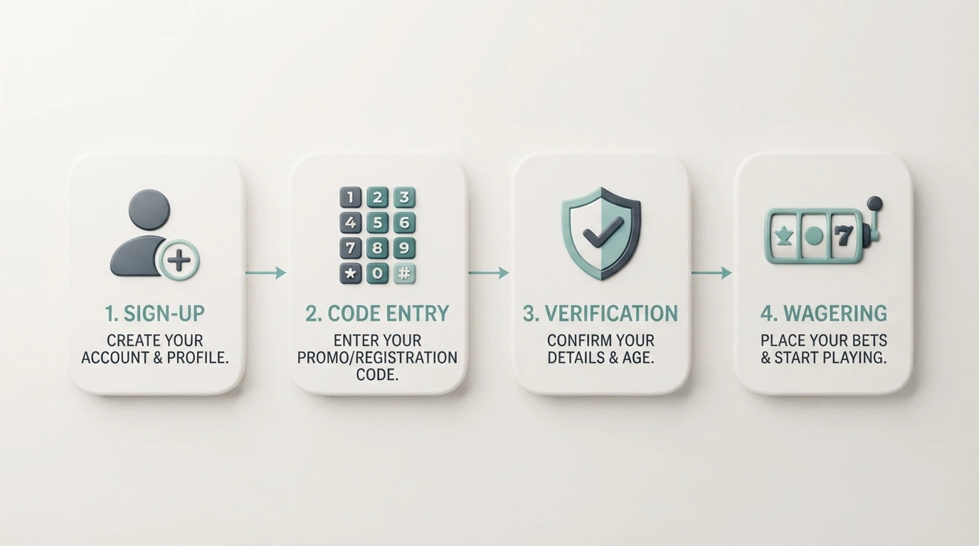 A step-by-step illustration of the four-stage casino bonus code claim process from registration to withdrawal