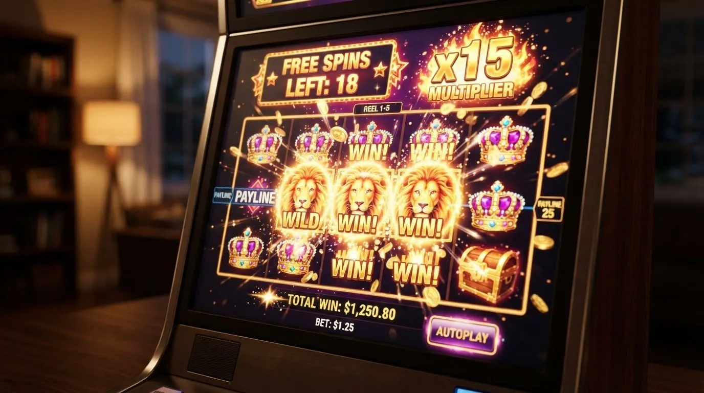 A pokie screen mid-bonus round with a free-spin counter and an active multiplier displayed