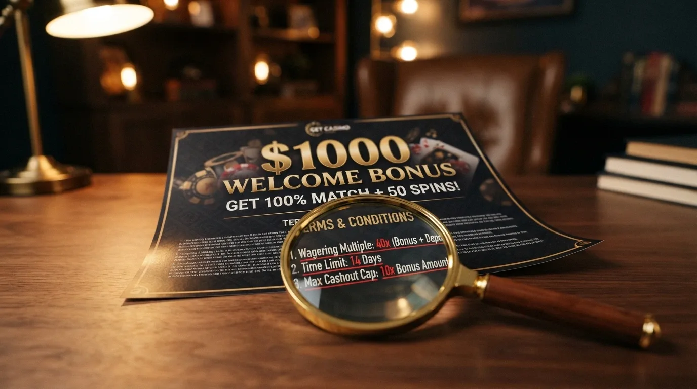 A stylised welcome-bonus banner with a magnifying glass hovering over the terms text, revealing the wagering multiple, time limit and max cashout in red