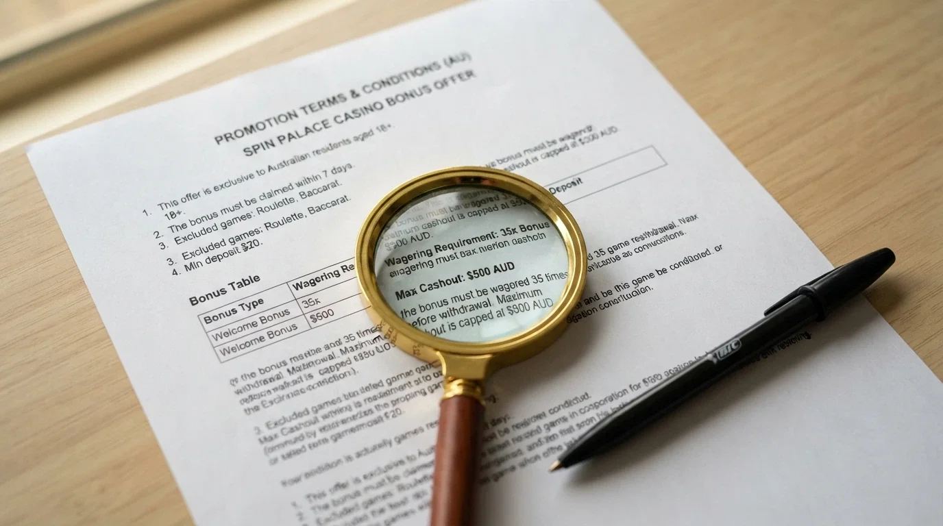 A close-up of casino bonus terms and conditions text with a pen resting beside it, the words “wagering requirement” and “max cashout” legible under a magnifying glass