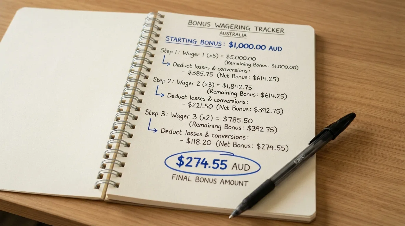 A calculator display showing a large bonus figure being reduced through successive wagering-multiple deductions