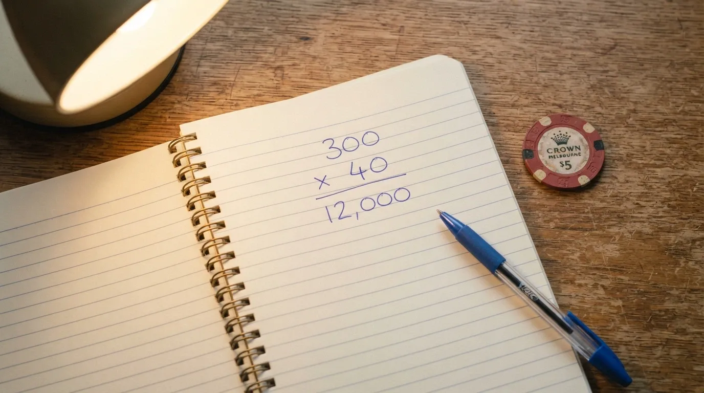 A notepad or calculator with a written sum showing a A$300 bonus multiplied by 40x wagering equalling A$12,000 in required turnover