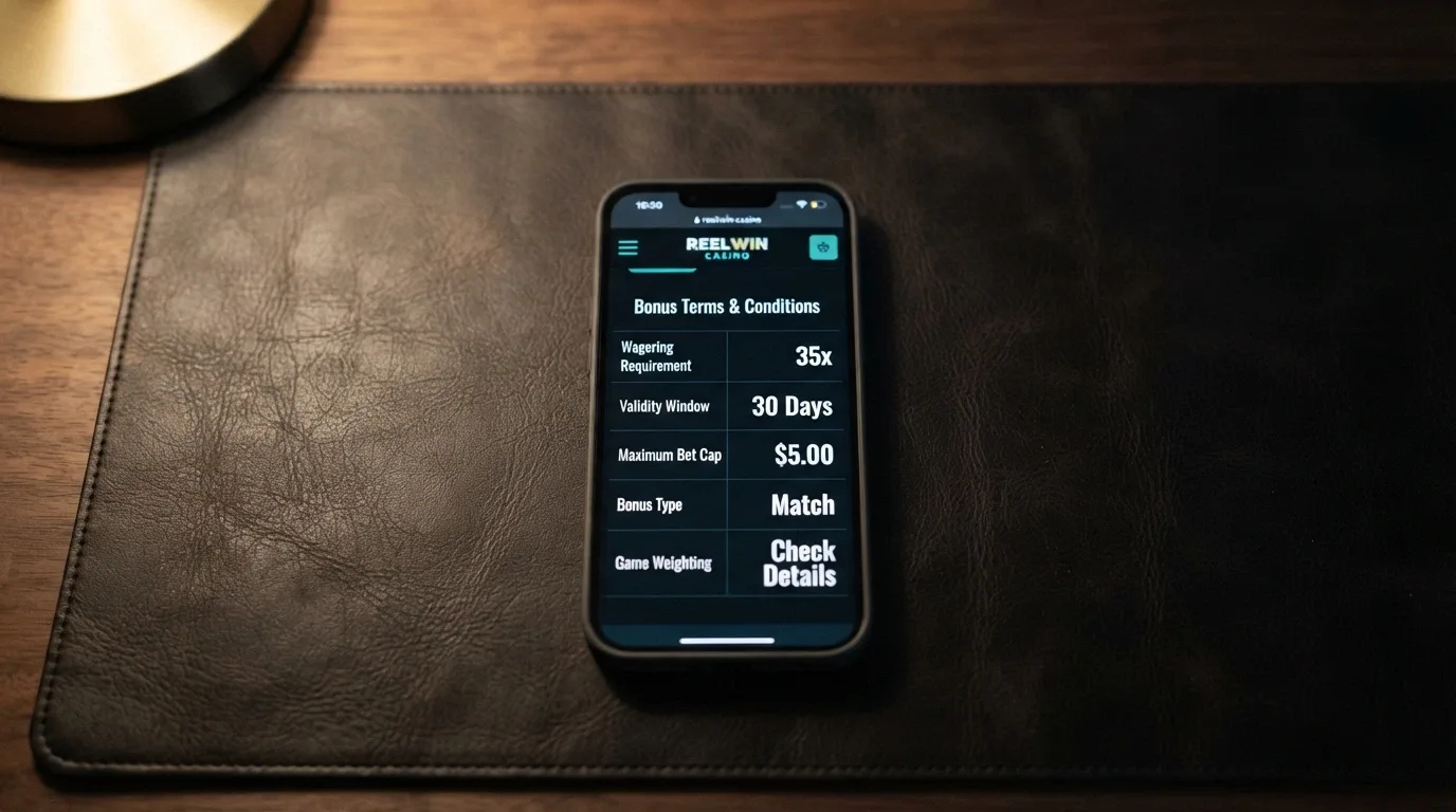 A casino bonus terms screen on an iPhone showing the wagering requirement, validity window and max-bet cap in the fine print