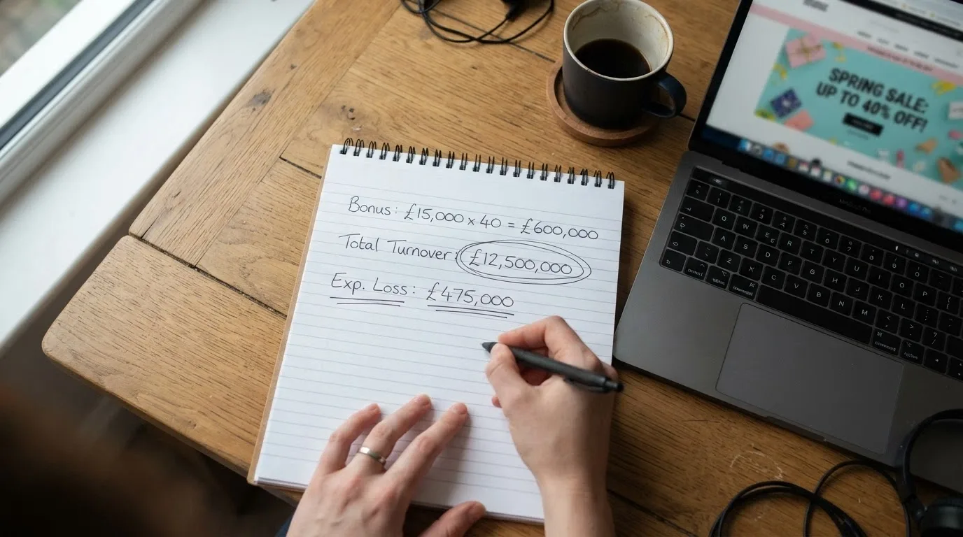 A calculator beside a welcome-offer advertisement, the screen showing a turnover figure far larger than the advertised bonus amount