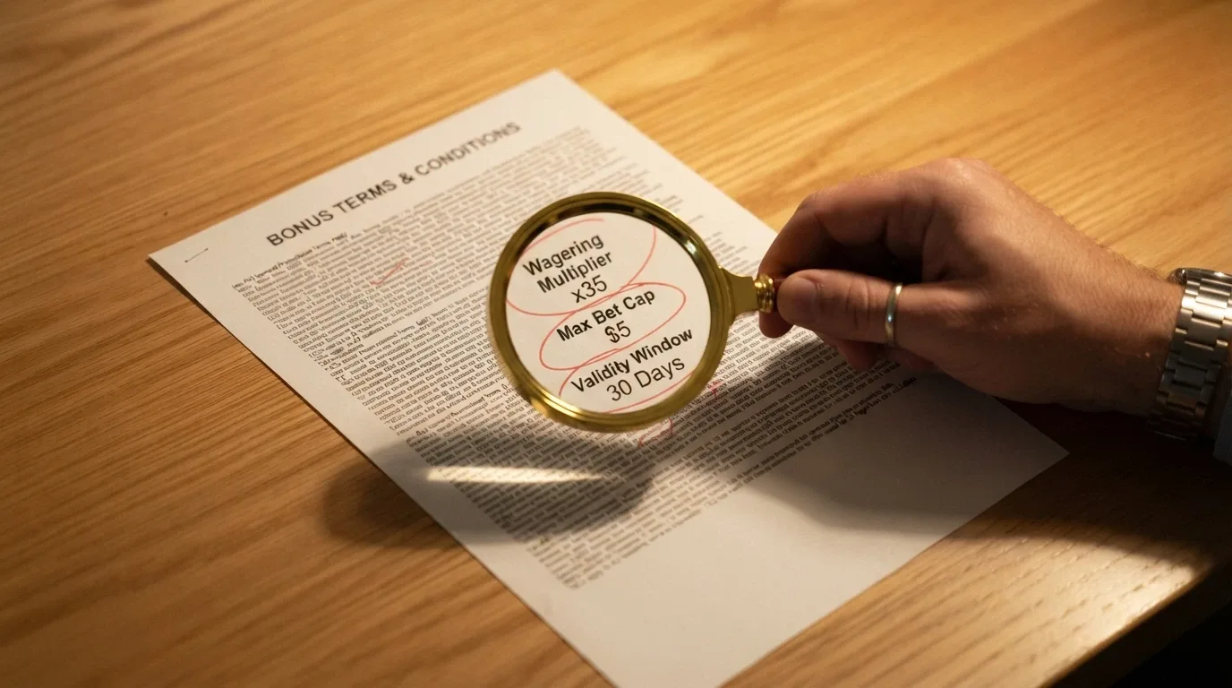 A close-up of bonus terms and conditions with a magnifying glass highlighting the wagering multiplier, max bet and validity window