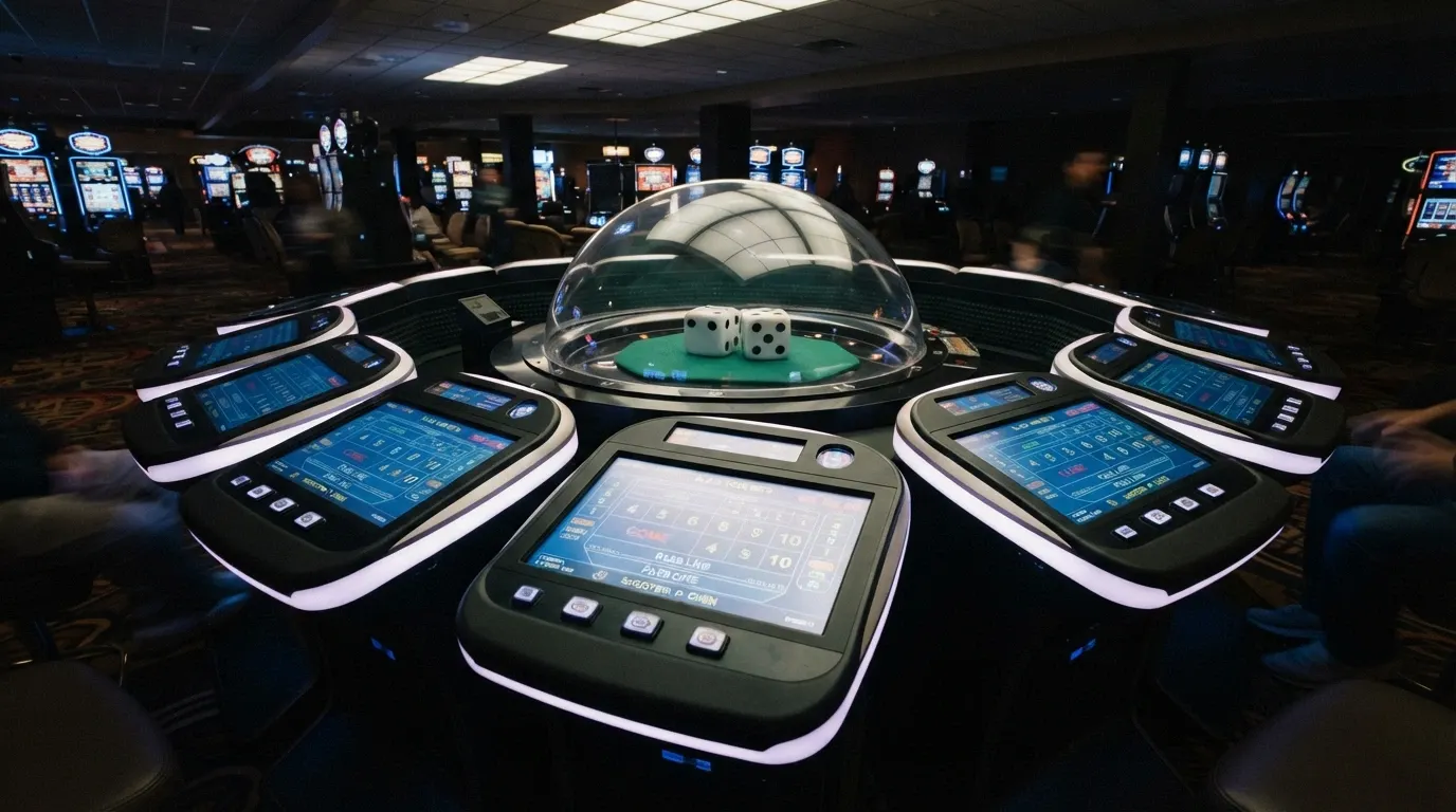 A row of bubble-craps terminals with individual screens arranged around a central transparent dice dome