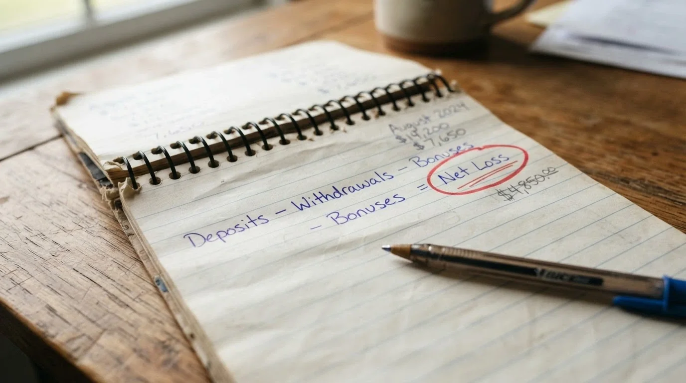 A close-up of a notepad showing the handwritten formula Deposits − Withdrawals − Bonuses = Net Loss, with a red circle around Net Loss and a smaller number written next to it
