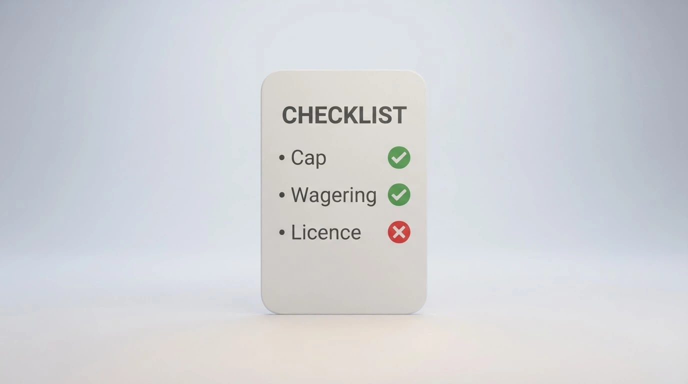 A simple illustrated checklist with three items — Cap, Wagering, Licence — each with a tick or cross beside it, the Licence item crossed out in red