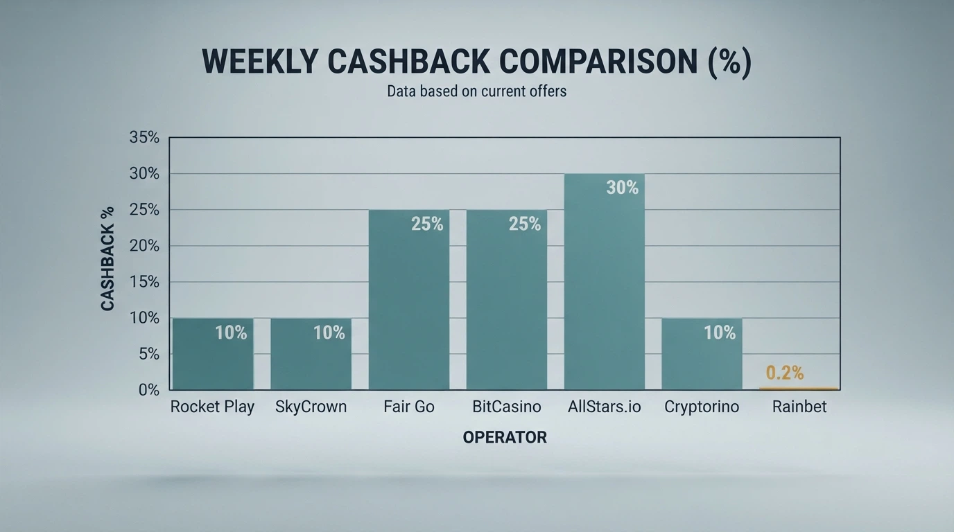 A simple horizontal bar chart comparing cashback percentages across the featured operators, with one bar dramatically shorter than the others at 0.2%