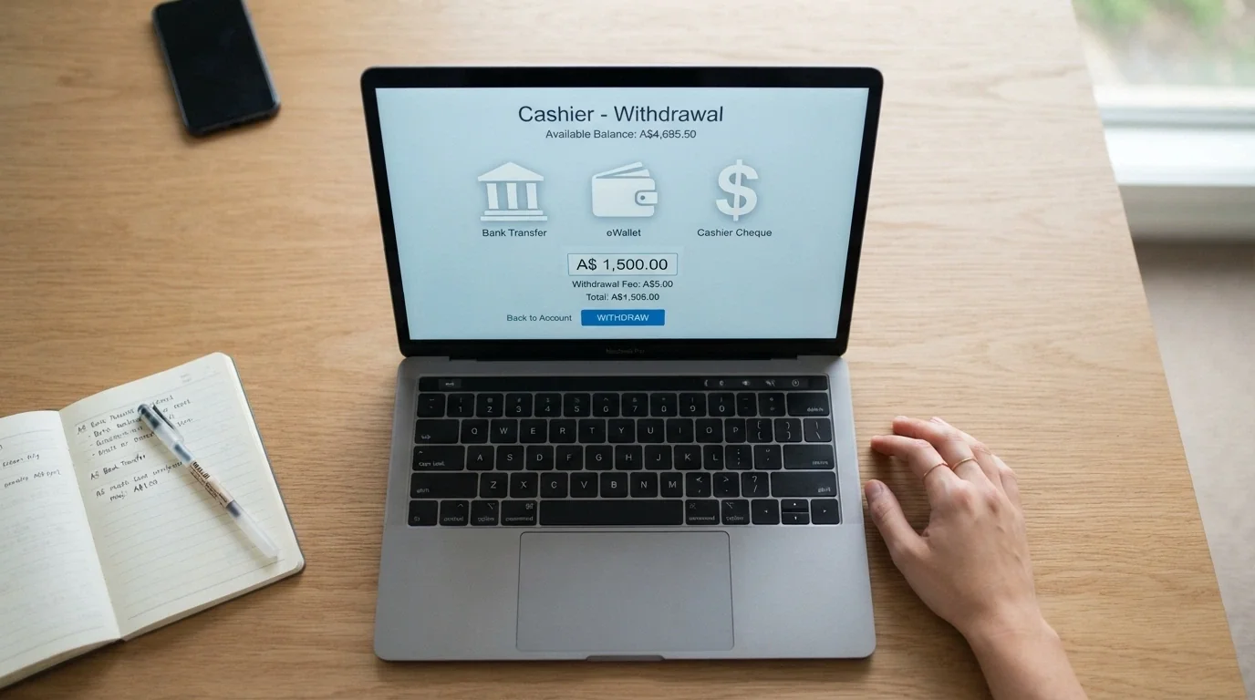A withdrawal screen on a casino cashier page showing method options — bank transfer, e-wallet and crypto — with a pending balance amount displayed