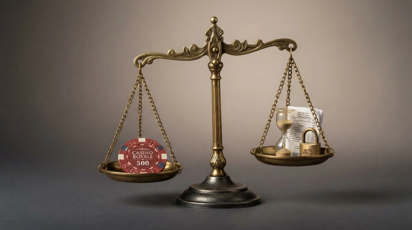 A set of balance scales with a casino bonus chip on one side and wagering terms, an expiry clock and a cashout cap on the other