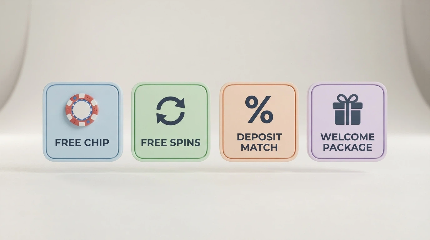 A side-by-side visual comparison of different bonus types — a free-chip badge, a free-spins icon, a deposit-match percentage badge, and a welcome-package banner