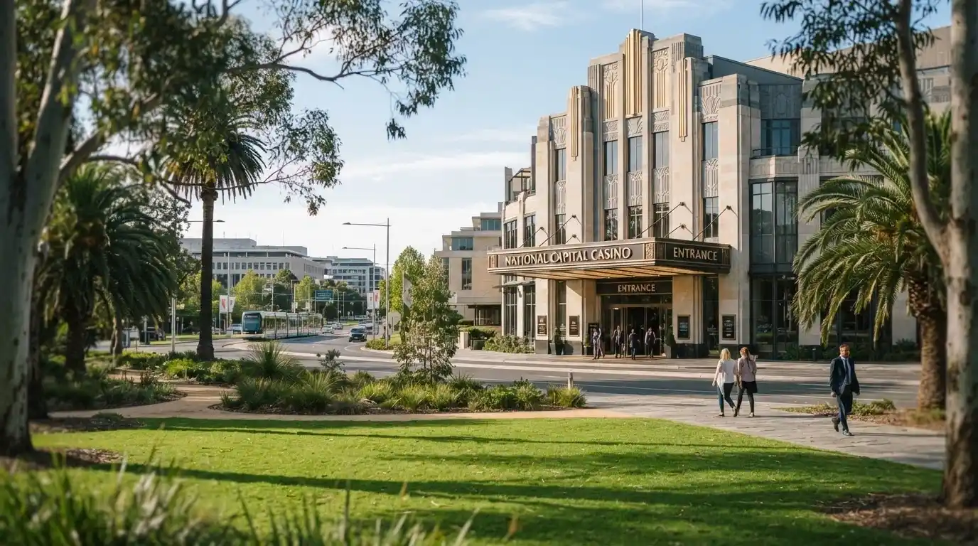 Casino Canberra entrance on Binara Street with Glebe Park greenery visible in the background