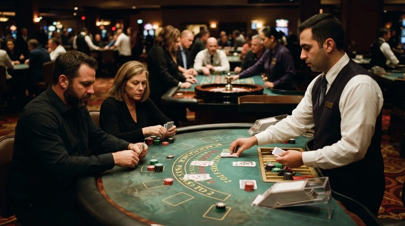 Blackjack and roulette tables on the Casino Canberra gaming floor with dealers and players in action
