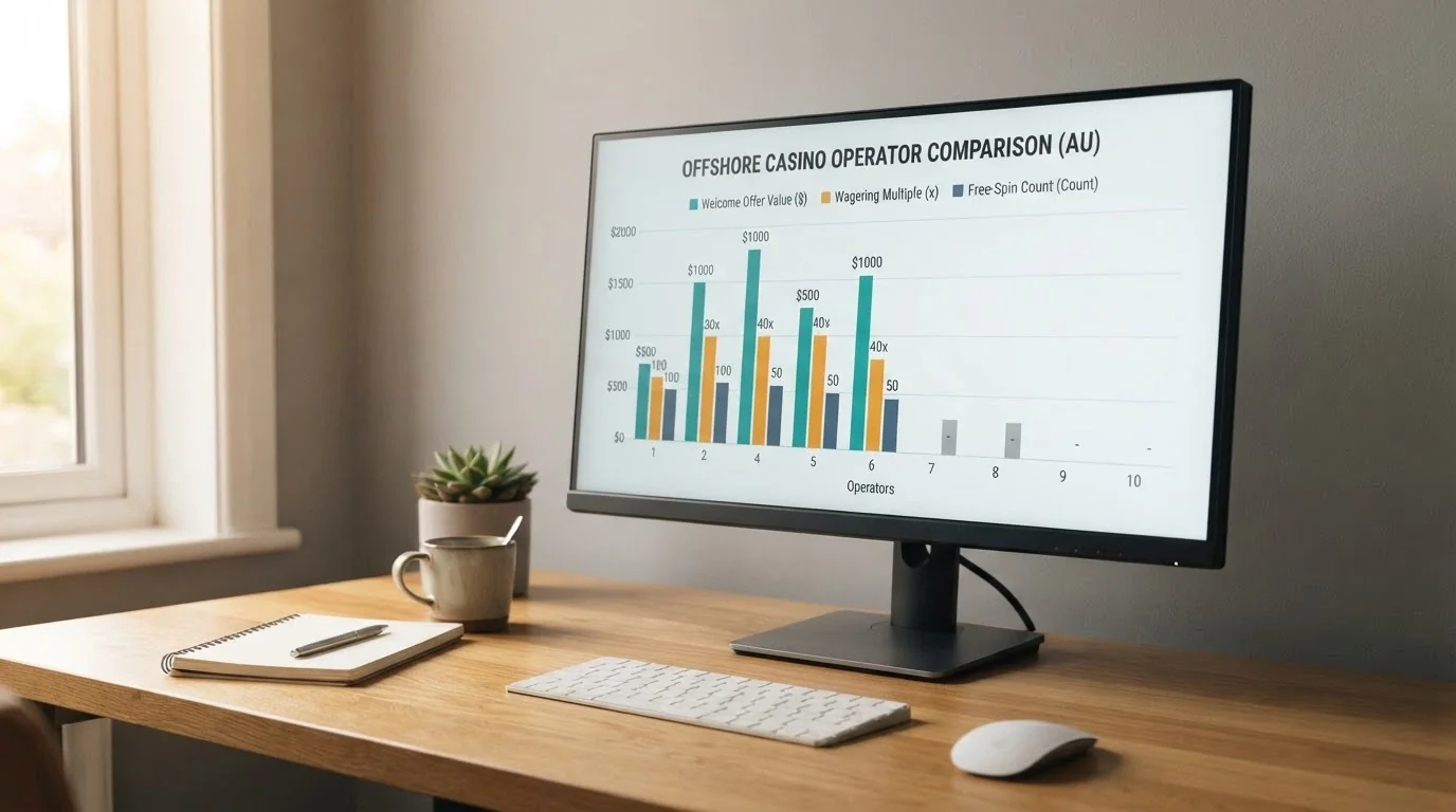 A desktop view of a comparison table with operator names, bonus amounts and wagering figures laid out side by side