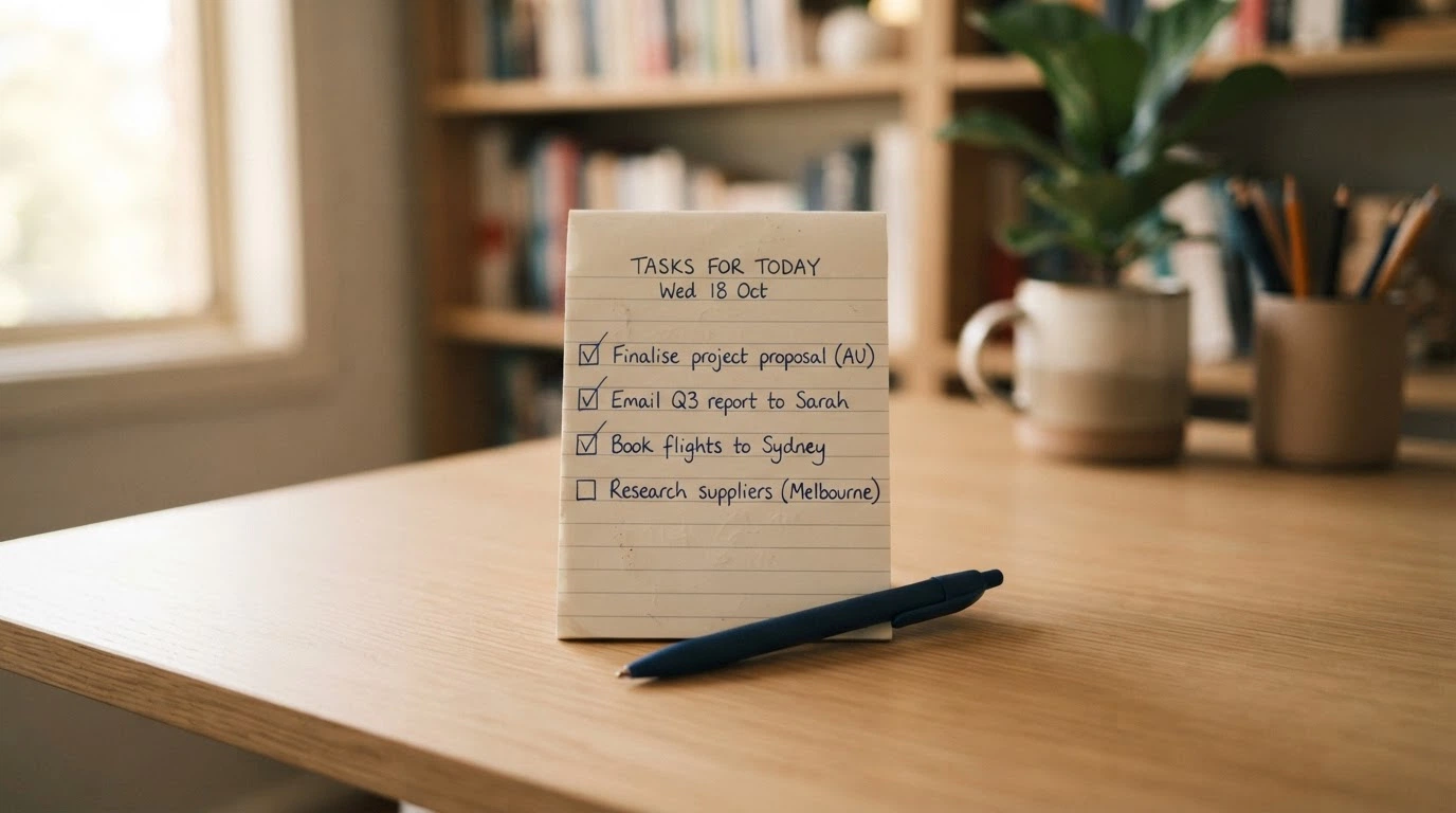A notepad with a short checklist: licence check, wagering terms, PayID speed, deposit limit set — with the first three ticked