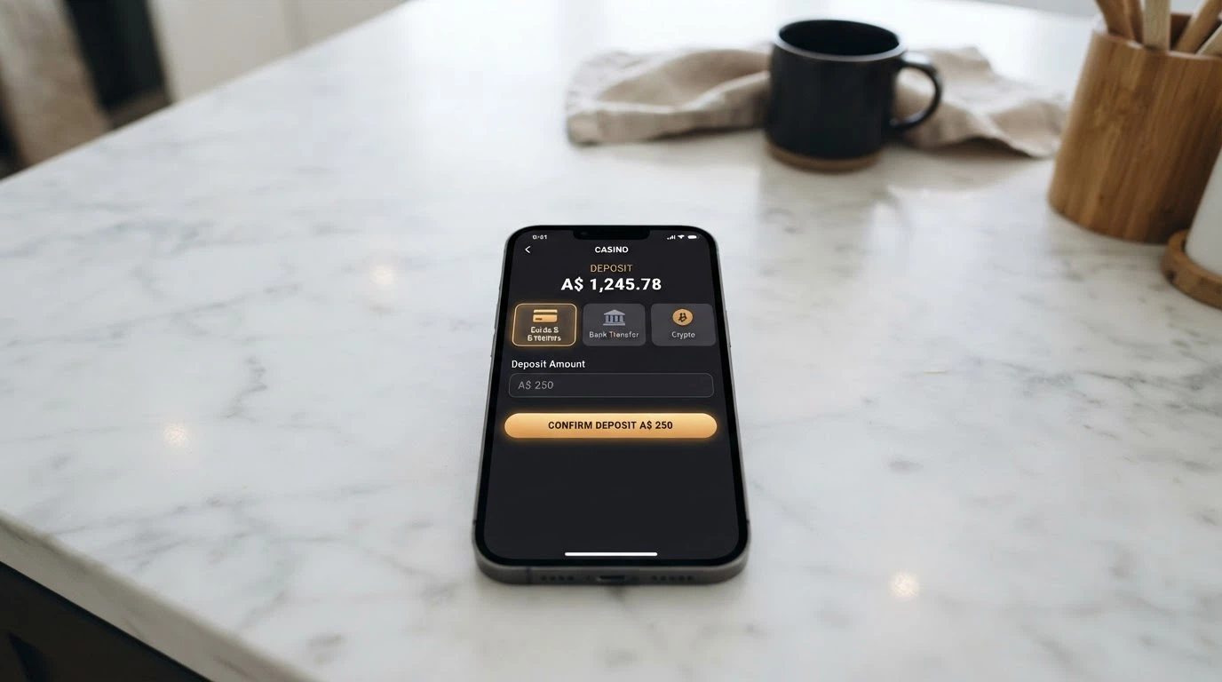 A casino cashier screen on an iPhone showing PayID, card and crypto deposit options as selectable tabs