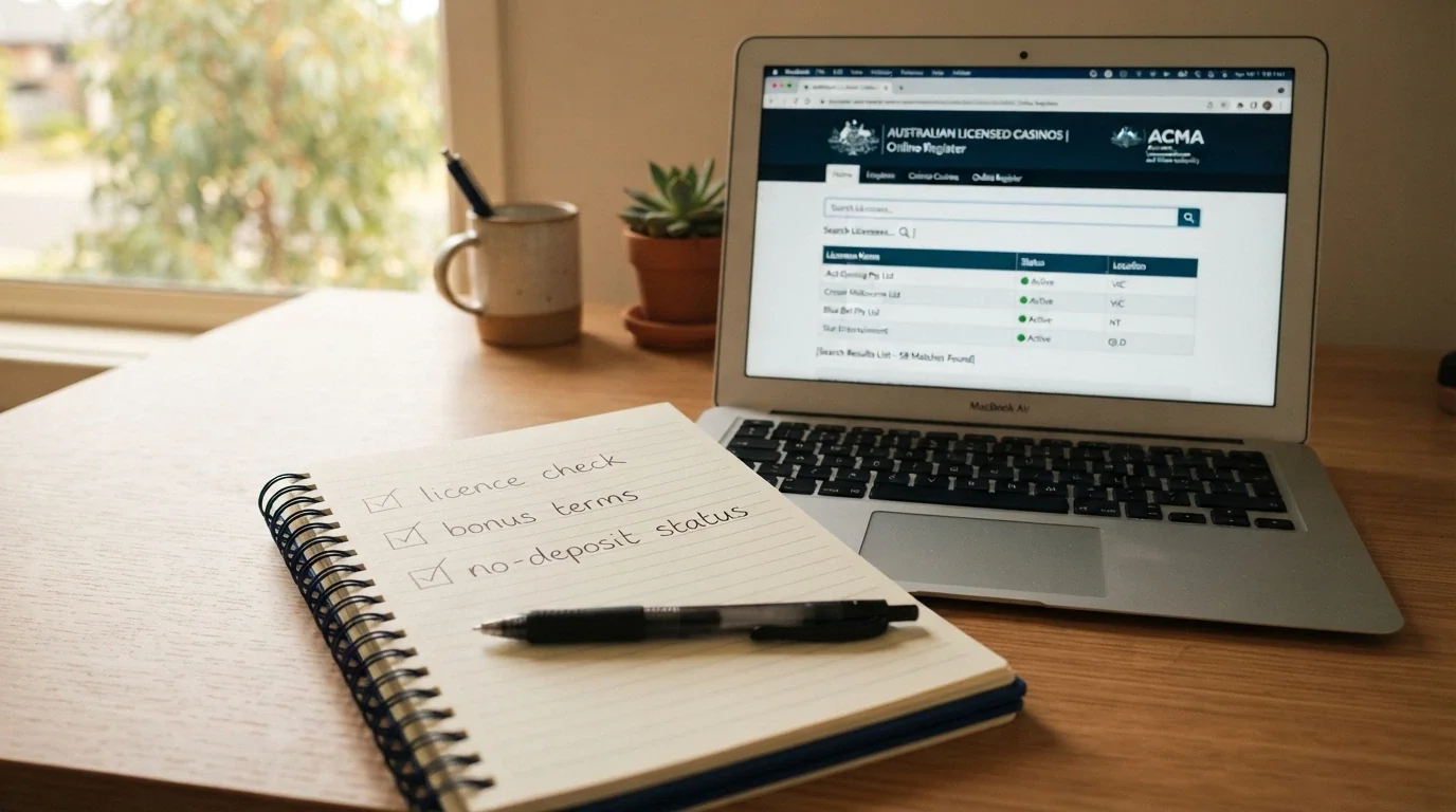 An organised desk view with a notepad listing evaluation criteria — licence check, bonus terms, no-deposit status — next to a laptop showing the ACMA register