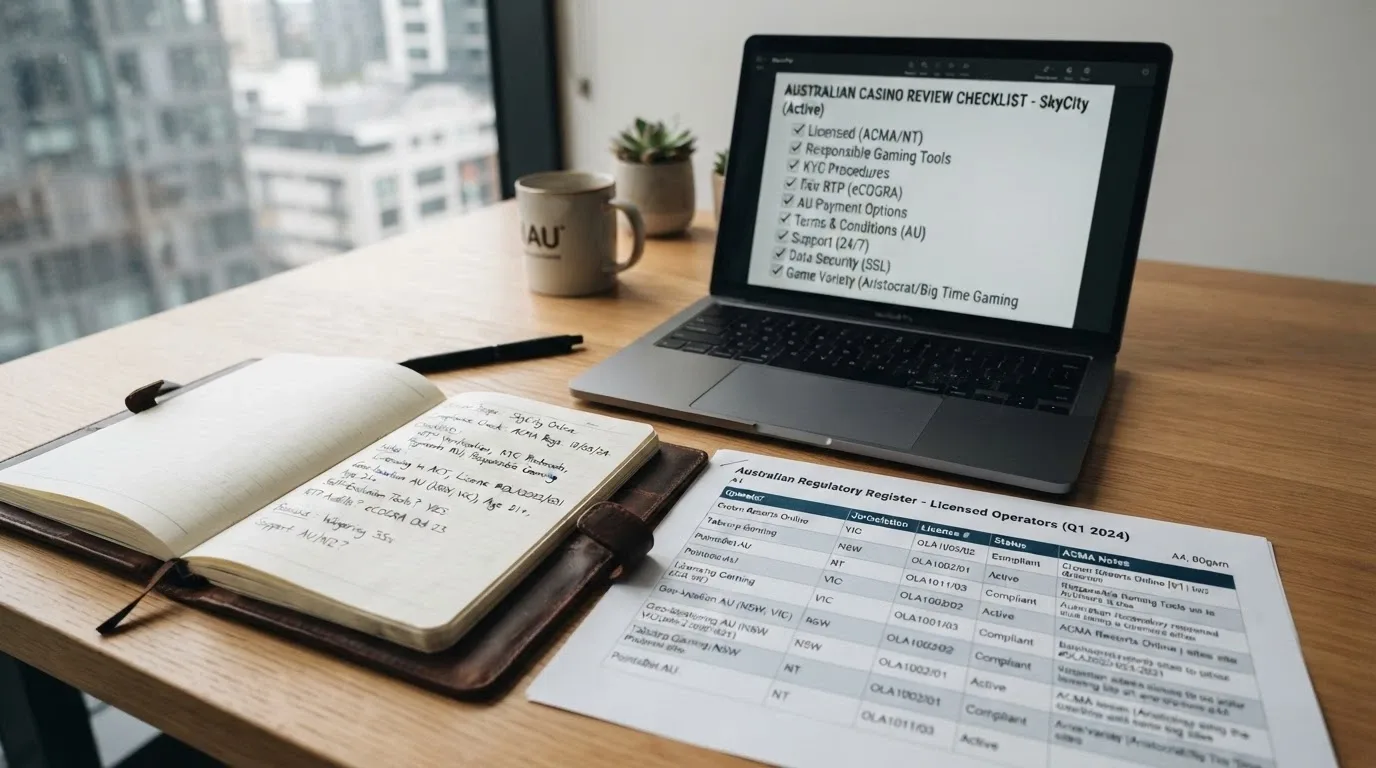 A desk with a notepad, a printed licence register and a laptop displaying a casino review checklist