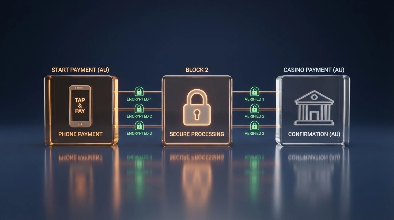 A stylised diagram showing the payment flow from player device through payment gateway, processor and casino settlement, with lock icons representing encryption layers