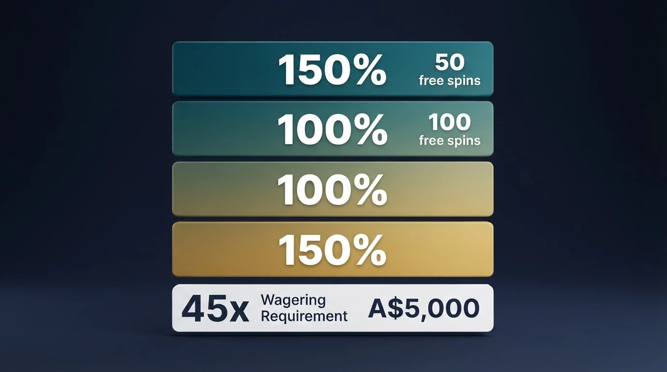 A stylised visual of four deposit tiers with match percentages and free-spin counts stacked above a wagering-requirement callout
