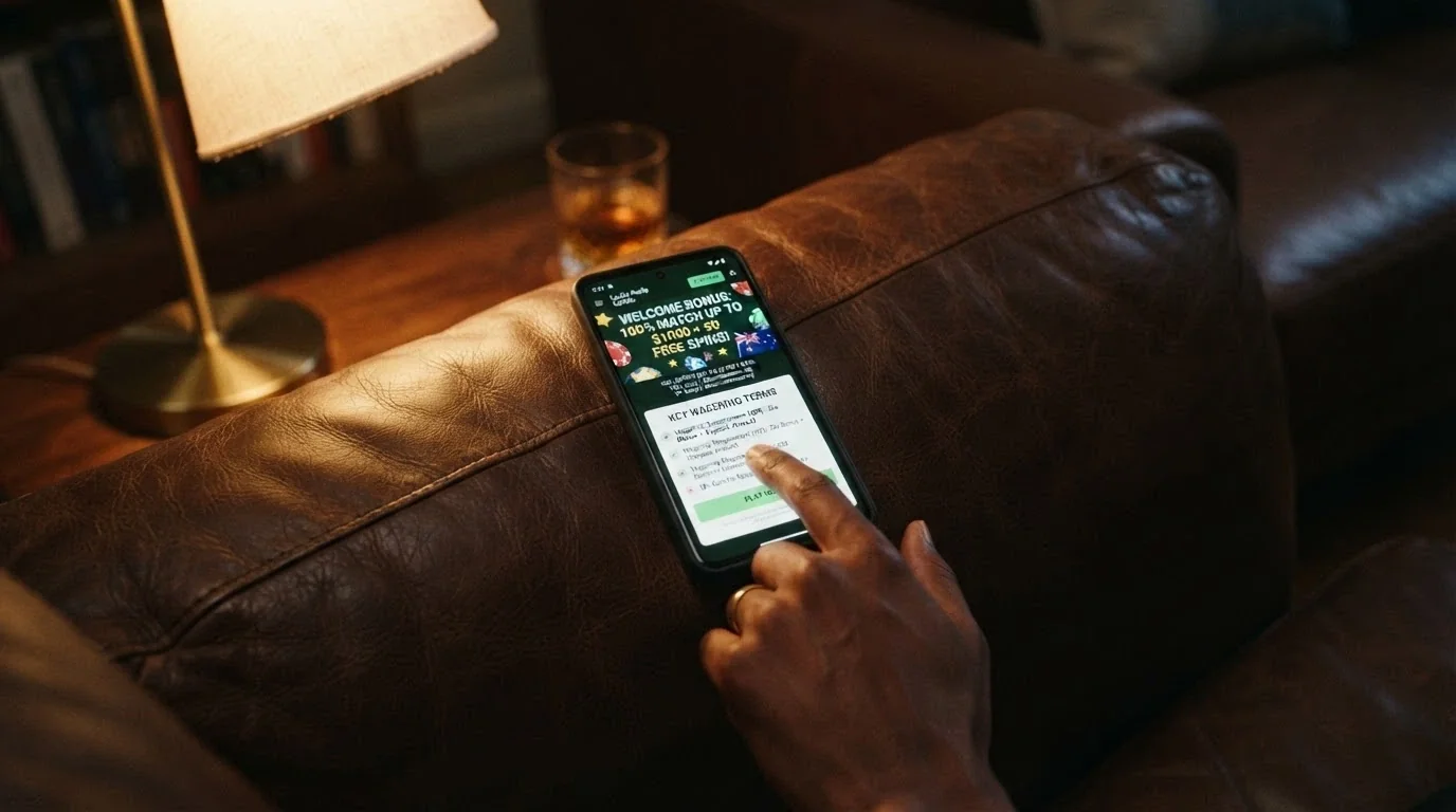 A smartphone displaying a casino promotion page with bonus terms and wagering figures highlighted
