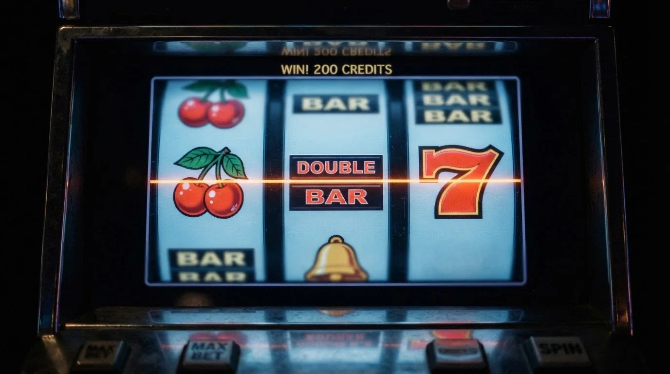A close-up of a 3-reel pokie screen showing cherries, BAR symbols and a red seven lined up on a single payline